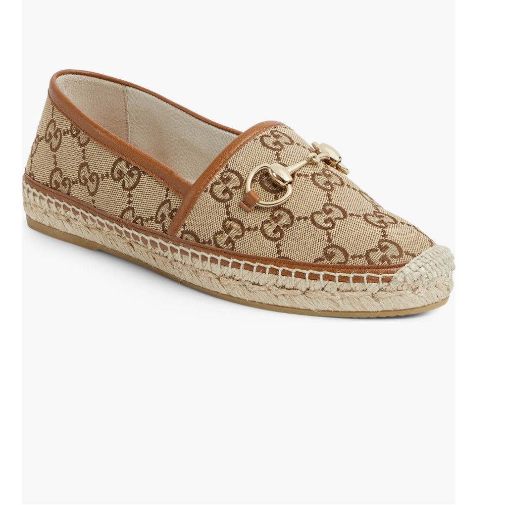 Gucci Pilar Horsebit GG Logo Print Espadrilles Flats Camel Ebony EU39.5 US 9.5 - Picture 11 of 13